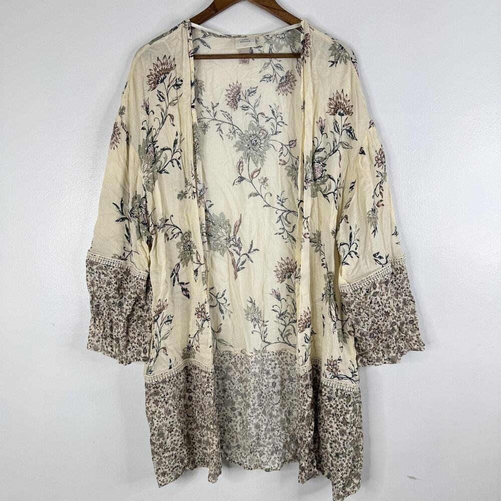 Knox Rose Floral Boho Bell Sleeve Kimono Top Womens L White Open Front Crochet